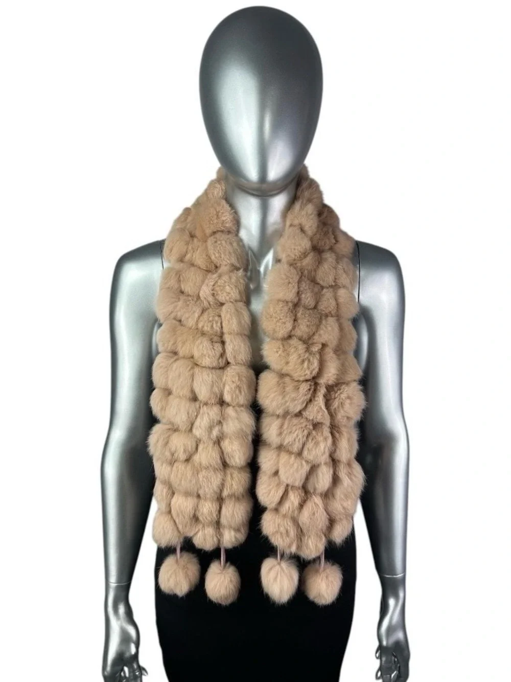 Rose-Beige RABBIT Scarf w/POM POMS, Size 47”L, Certified Vintage Fur